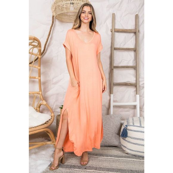 Boutique Dresses & Skirts - Peach V-Neck Side Slit Maxi Dress